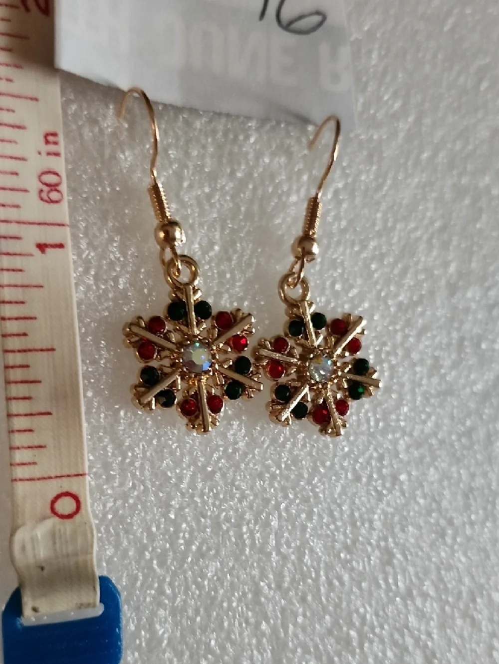 Hand Crafted Gold Snowflake Earrings with Red and Green Crystals